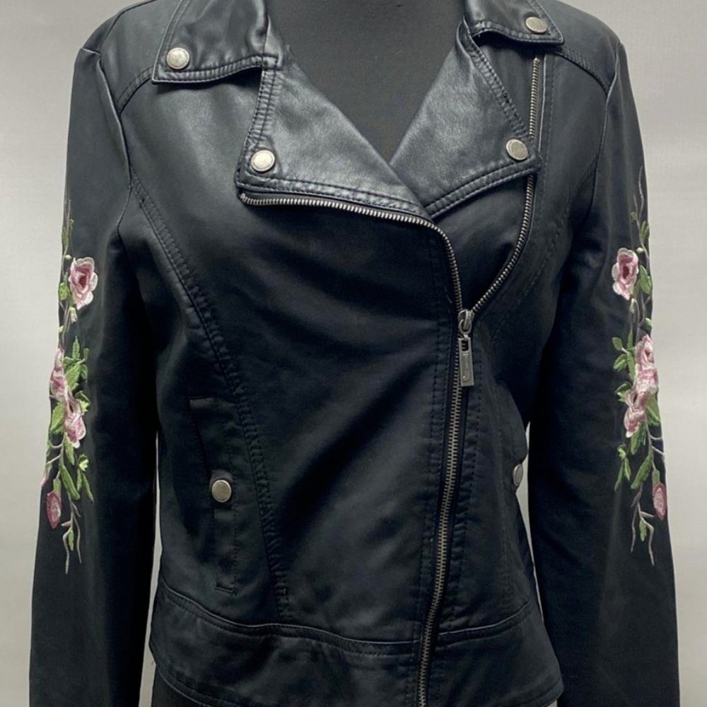 Jou Jou Women's Black Faux Leather Floral Embroidered Motorcycle Jacket Medium